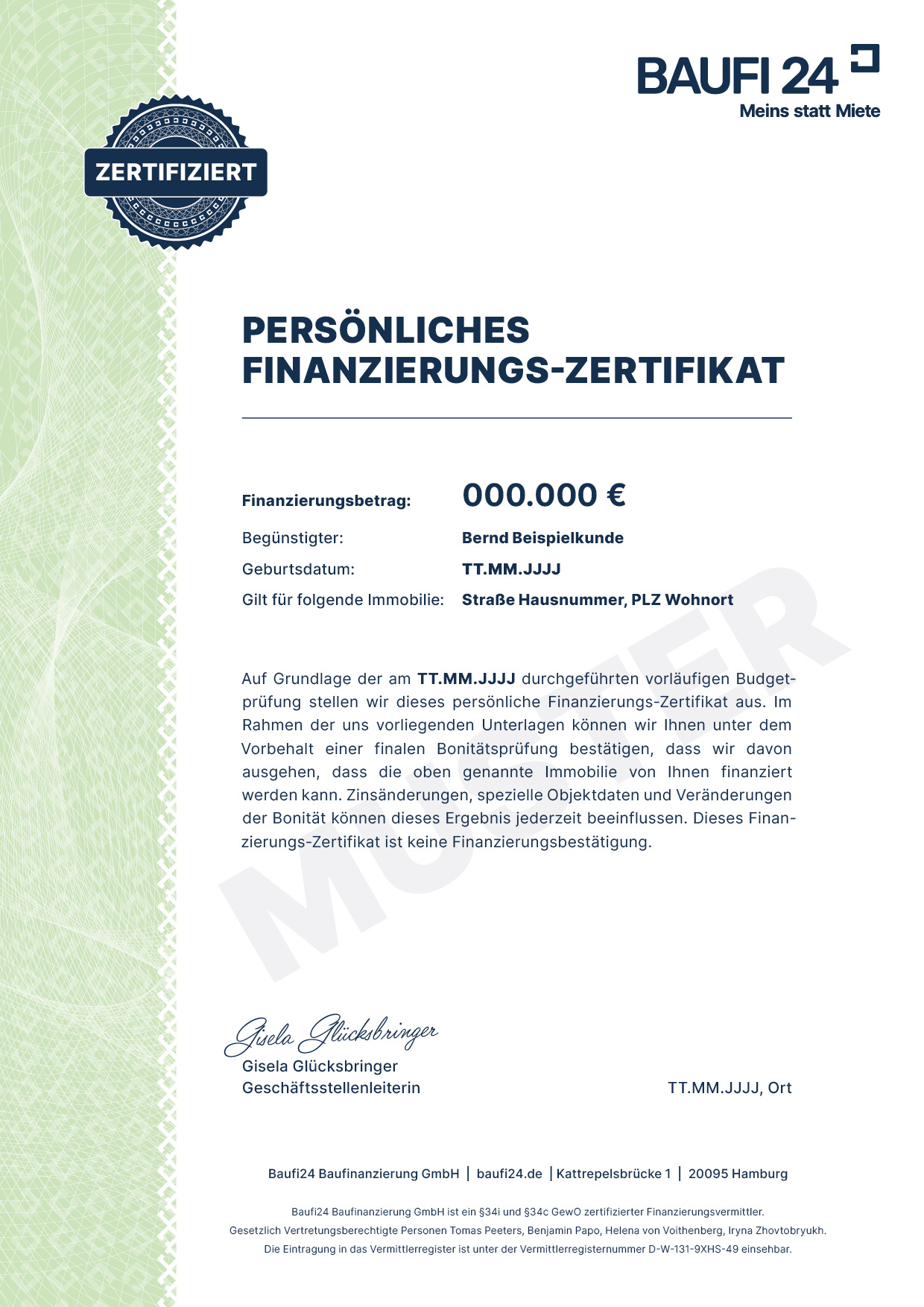 Baufi24 Muster Finanzierungszertifikat