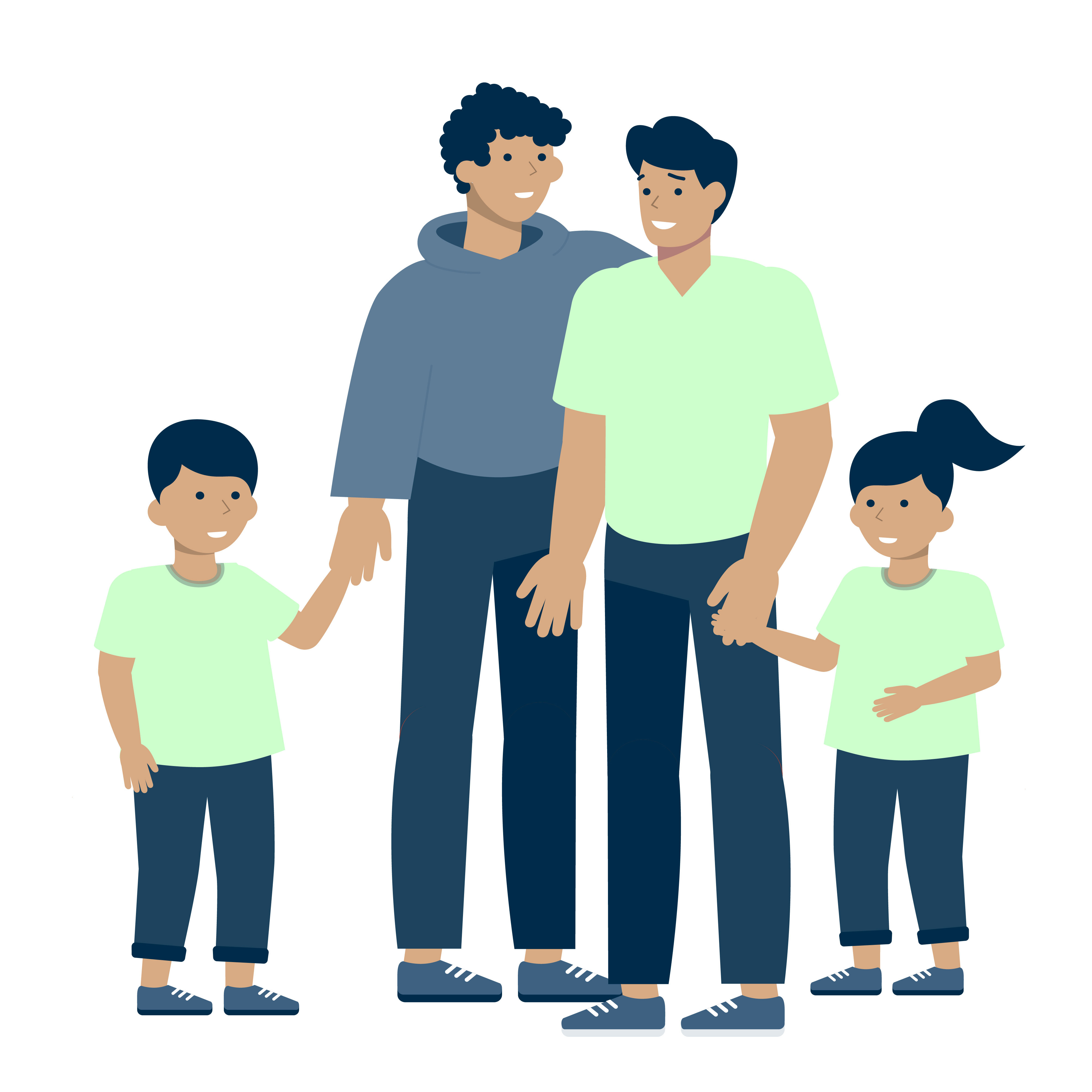 Illustration Familie von links nach rechts Sohn, 2 Väter, Tochter